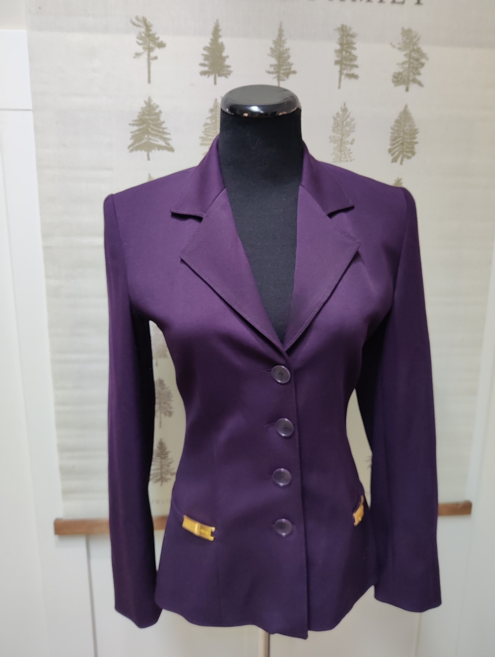 Vertigo Paris Deep Purple Fitted Blazer Gold Hardware French Chic Size S